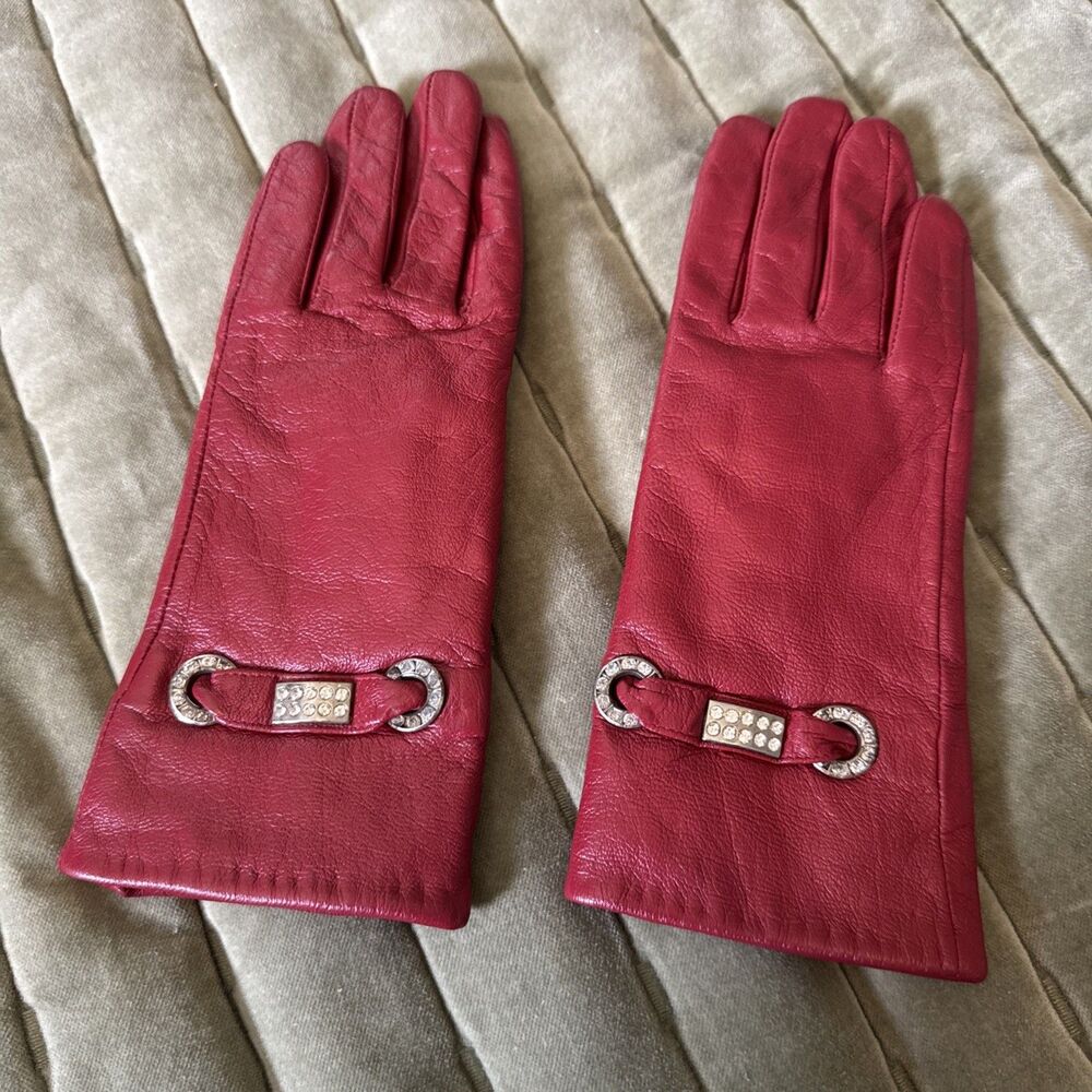 Vintage Glam Red Leather Gloves Red Diamond Studded Size Small Minor Flaw